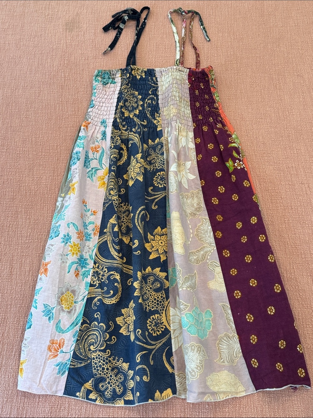 Boho Patchwork Midi Dress with Floral Panels - Multicolor